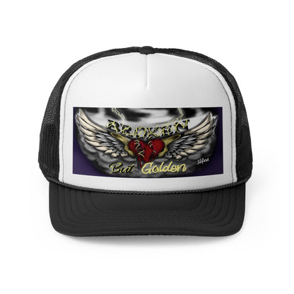 Broken but Golden trucker hat, artistic hat, custom art, artistic fashion