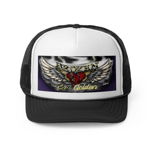 Broken but Golden trucker hat, artistic hat, custom art, artistic fashion