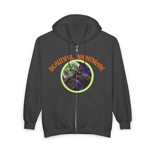 Beautiful Nightmare Zip-Up Hoodie | Unisex Heavy Blend Sweatshirt for Halloween, Cozy Layer, Lounge Wear, Gift for Spooky Season