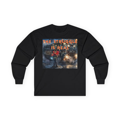 The Struggle Is Real long sleeve tee featuring a moody cinematic street scene by Reese Wilson