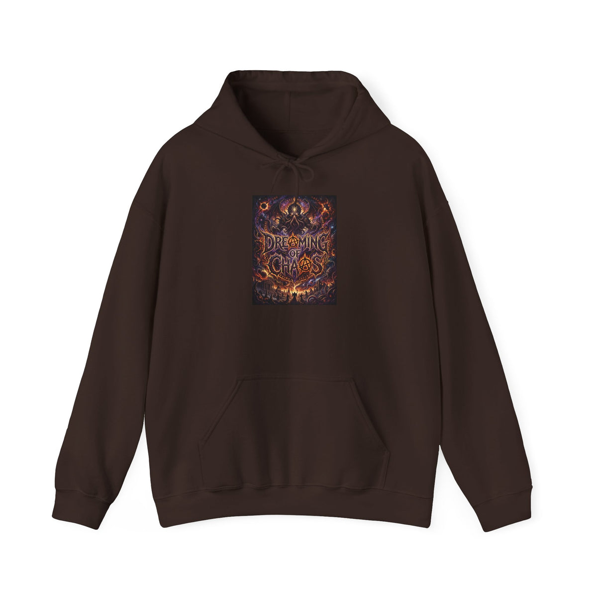 Dreaming of Chaos hoodie — dark chocolate, front view